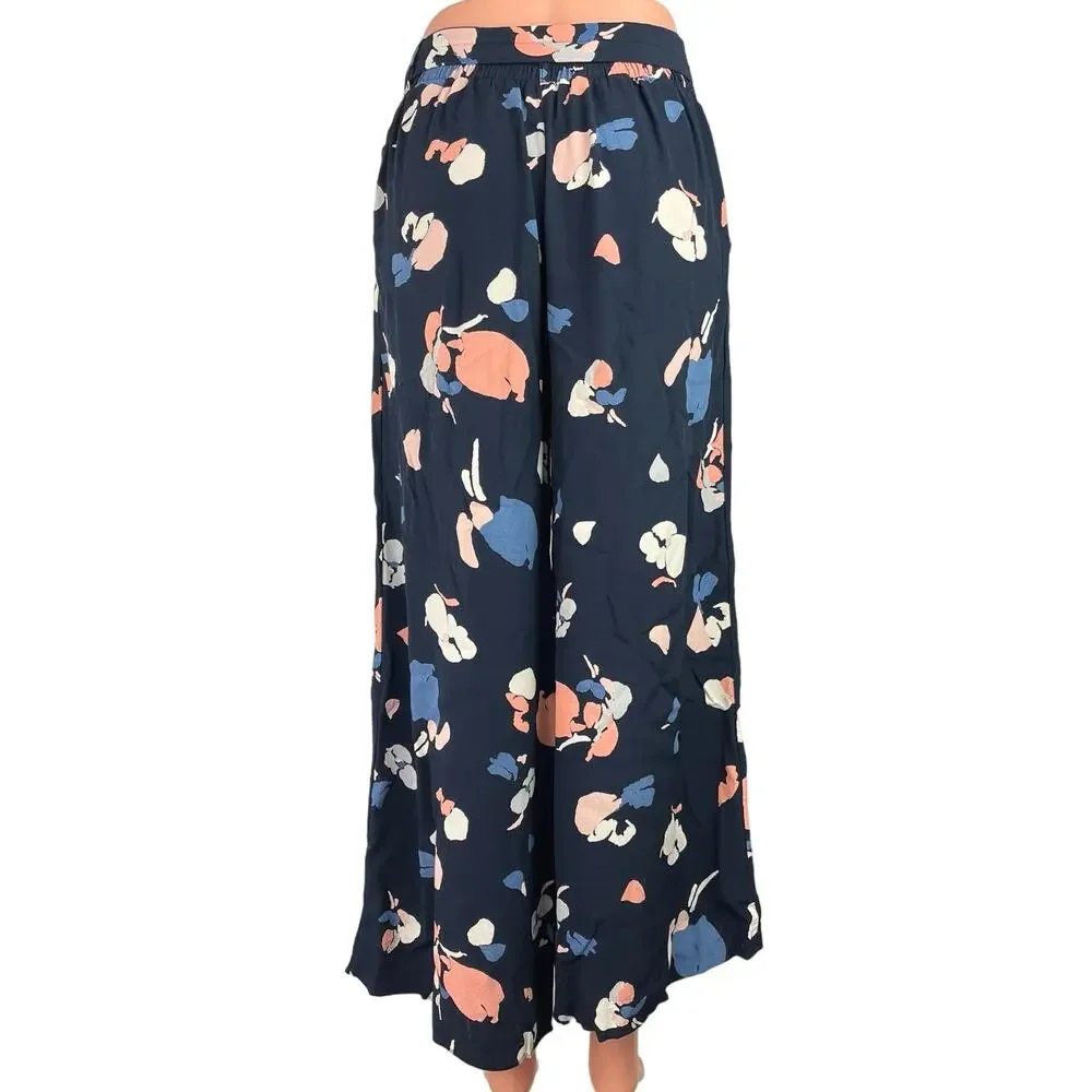 Marks & Spencer Women's Navy Floral Print Mid Rise Wide Leg Trouser Pants 36